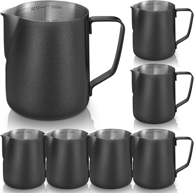 Honeydak 6 Pcs Milk Frothing Pitcher 304 Stainless Steel Steaming Pitchers for Coffee Bar Cappuccino Barista Tools Milk Jug Steamer Frother Cup (12 oz)