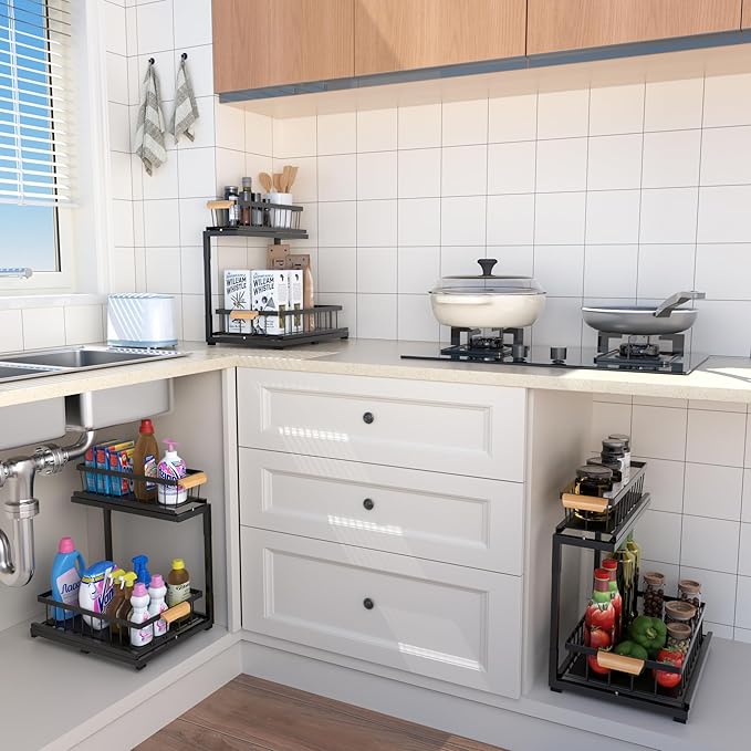 Under Sink Organizer, 2 Tier Under Sink Organizers and Storage, Slide Out Pull Out Cabinet Organizer Shelf, Metal Sliding Drawer for Kitchen Bathroom Pantry Cabinet Closet Organization Rack