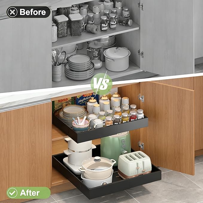 2-Pack-Expandable-Pull-Out-Cabinet-Organizers For Kitchen, Adjustable Slide Out No Drill Adhesive Drawers With Raising Pad For Framed Cabinet, Heavy Duty Sliding Roll Out Shelves Inside Cabinet