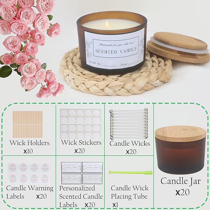 MILIVIXAY 20 Pack 4 OZ Frosted Amber Glass Candle Jars with Lids and Candle Making Kits - Bulk Wide Mouth Small Empty Candle Jars for Making Candles - Spice, Powder Containers.