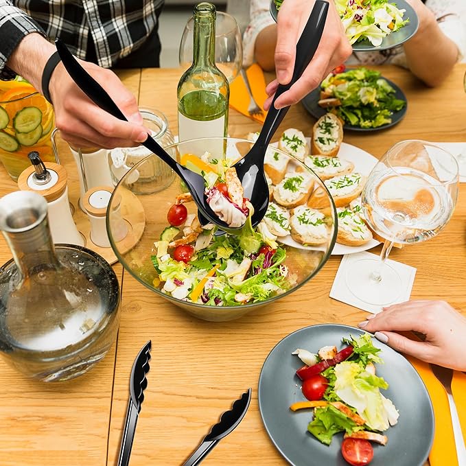 Dualshine 24 Pcs Disposable Black Plastic Serving Utensils,8 Set Including 9.72" Plastic Serving Spoons, Forks and 8.46" Tongs, for Dinner Parties, Buffets,Banquets, Events, Weddings, and Daily Use