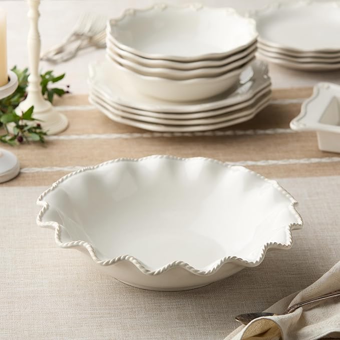 Heritage Scroll 13" Stoneware Serving Bowl – Elegant 80 oz Ivory Bowl with Embossed Scalloped Rim – Classic Ceramic Serveware for Salads, Pasta, or Holiday Sides