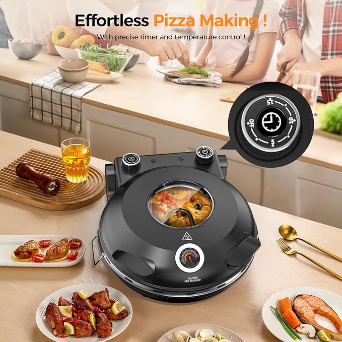 Pizza Oven Indoor Portable, 12 Inch Countertop Indoor Pizza Oven, Pizza Maker Machine For Home, Pizza Cooker with Timer And Temperatures Control Mini Smart, Black, CZP-12SWT
