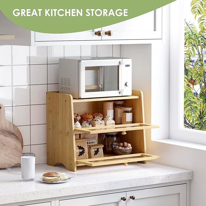 JANSNIMEN Double Layer Bread Box for Kitchen Countertop, Large Breadbox Bread Container Storage with Acrylic Door, Wooden Farmhouse Bread Holder (Bamboo, Medim-15.7" L x 9.5" W x 13" H)