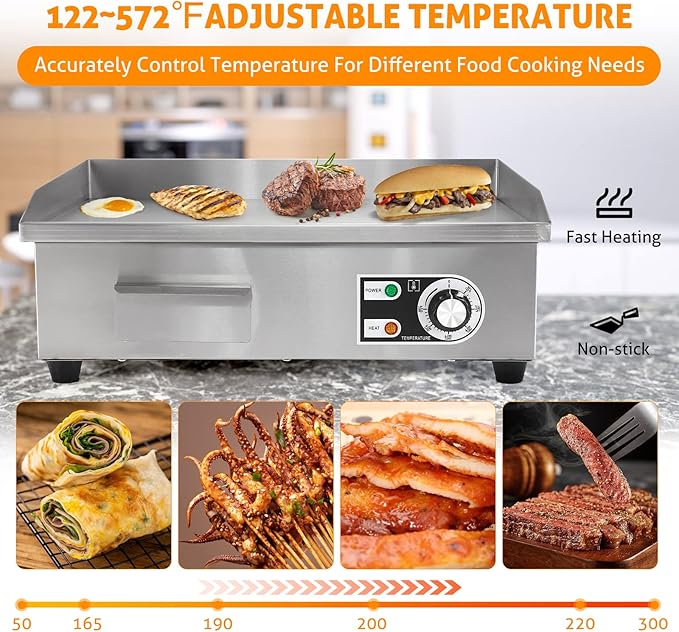 WICHEMI Commercial Electric Griddle 22" 3000W Flat Top Grill Countertop Griddle Stainless Steel Teppanyaki Grill w/Iron Cooking Plate for Restaurant Kitchen, 110V
