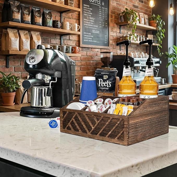 ugiftt Coffee Station Organizer for Counter, Wood Pods Holder Storage Basket, Tea Condiment Storage Organizer, Rustic Coffee Bar Decor for Accessories Organizer