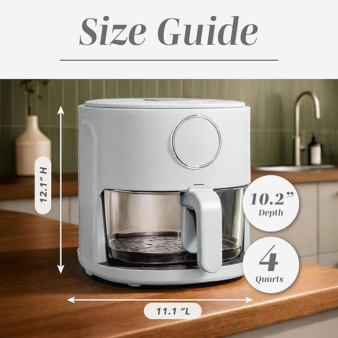 COOK WITH COLOR Colorful 1200W 4Qt Air Fryer: Glass Basket, Dishwasher Safe, 60min Timer, 6 Presets, Temp Control 175F-400F, 4 QT, Linen White