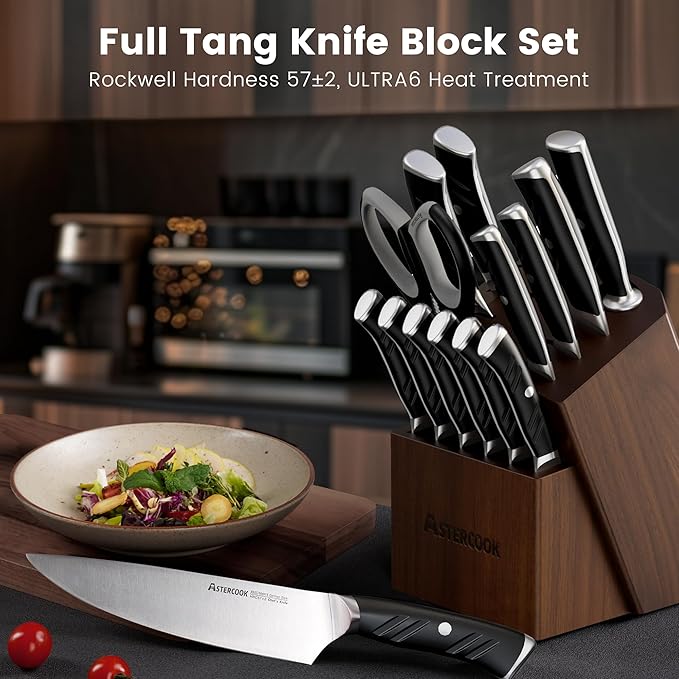 Astercook Kitchen Knife Set, 15 Piece Knife Block Sets with German 1.4116 Steel Sharper and Rust Proof, Full Tang Knives Set with Ergonomic Nylon Handle, Dishwasher Safe Black