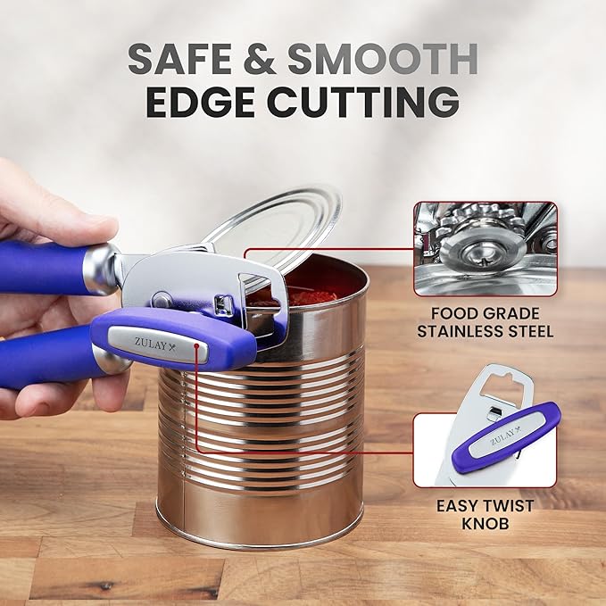 Zulay Kitchen Heavy Duty Stainless Steel Can Opener Manual with Bottle Opener - Rust Proof Manual Can Opener With Turn Knob & Comfy Soft Grip Handles - Purple