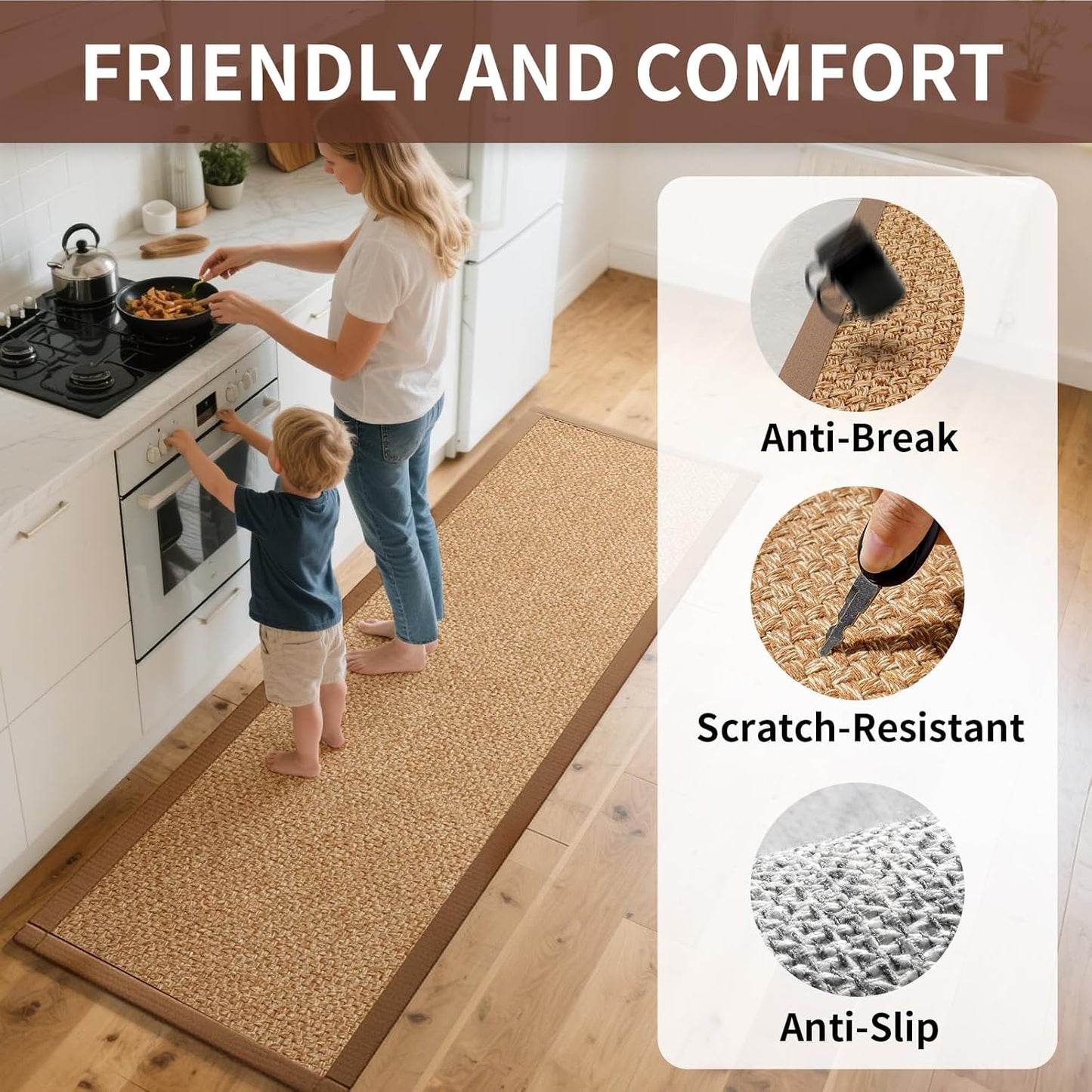 Kitchen Rugs Non Slip Washable, Super Absorbent Kitchen Mats for Floor, Rubber Backing Jute-Like Braid Kitchen Sink Mat Runner Rug Standing Floor Mat, Easy to Clean, Brown 17"x47"