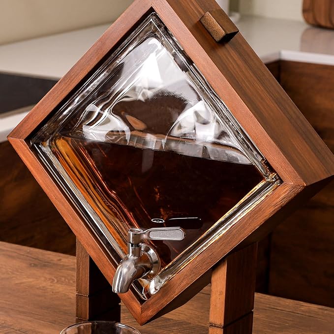 Whiskey Decanter with Wood Stand, Liquor Dispenser for Home Bar and Mancave Decor, Unique Birthday Christmas Gift for Men Dad and Whiskey Lovers, Bourbon Scotch Tequila