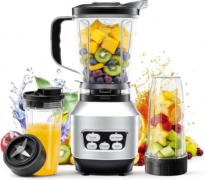 Simple Deluxe Smoothie Blender, 1200W Powerful Countertop Blenders for Kitchen, 60 oz Capacity Blender for Smoothies with BPA-Free Portable Cups, Ice Crushing, Juices, Shakes and Sauces, Silver