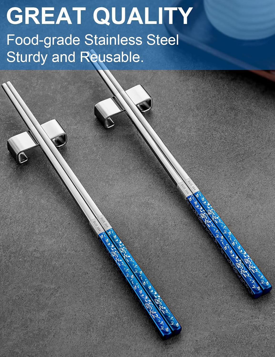 Metal Chopsticks Reusable 2 Pairs Titanium Plated Stainless Steel Chopsticks with Holder, Dishwasher Safe Non-Slip Japanese Style Chop Sticks Present Set (Blue Silver)