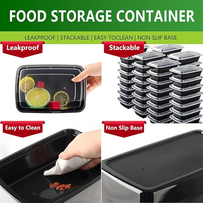 38oz Meal Prep Containers Bulk 48 Set with Forks and Lids - 1 Compartment Food Containers Leakproof Snack Container Reusable Food Storage Containers, Freezer Safe Plastic Lunch Take Out Box