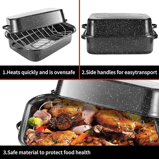 QPMR Roasting Pan with Rack, 21” Rectangular Granite Roaster Pan, 25lb Capacity, Large Roaster Pot for Baking Turkey with Versatile Lid