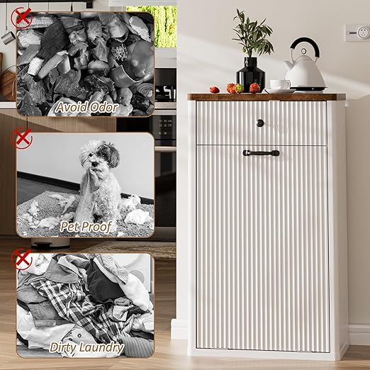 Spurgehom 13 Gallons Tilt Out Trash Can Cabinet Freestanding Kitchen Trash Can Modern Hidden Garbage Recycling Cabinets with Hideaway Drawer Pet Proof Trash Can Holder for Kitchen, White