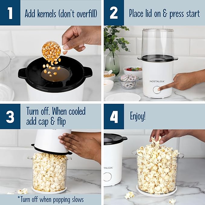 Nostalgia 8-Cup Hot Air Popcorn Maker & Bowl - 2-In-1 Bowl & Lid, 2 oz Measuring Cup - Oil-Free Pop Corn for Movie Night, Snacks, Birthday Parties, and More - White
