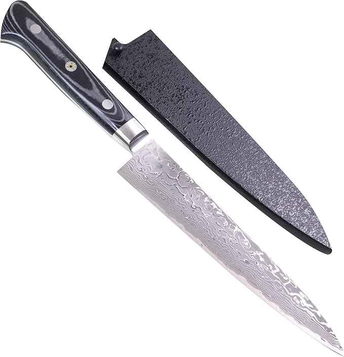 Kagayaki Japanese Chef’s Knife, KGR-1 Professional Petty Knife, Traditional Hammer Forged R-2 Damascus Steel with Ergonomic Linen Micarta Handle, 5.9 inch