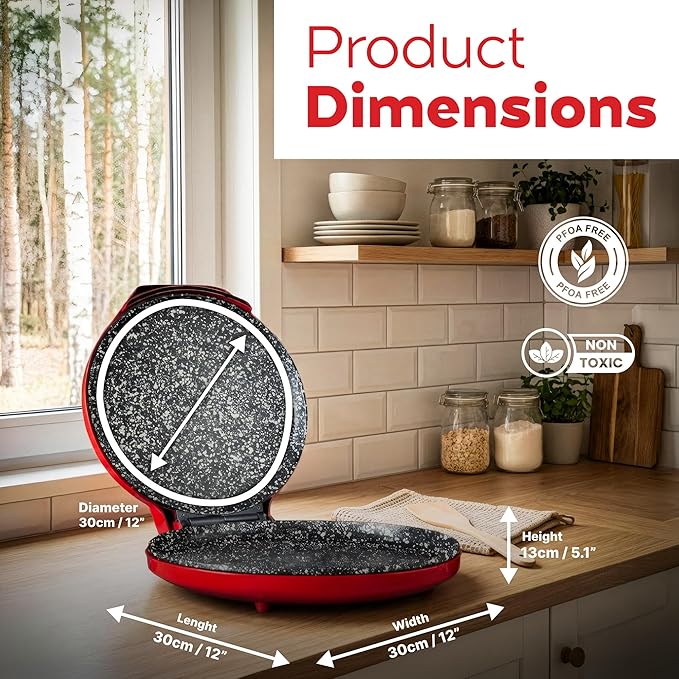 MisterChef Countertop Pizza Maker, 1450W Mini Pizza Oven, Pizza Maker Oven With 12″ Non-Stick Ceramic Plate, Indoor Electric Pizza Oven for Crepes, Pancakes - Red