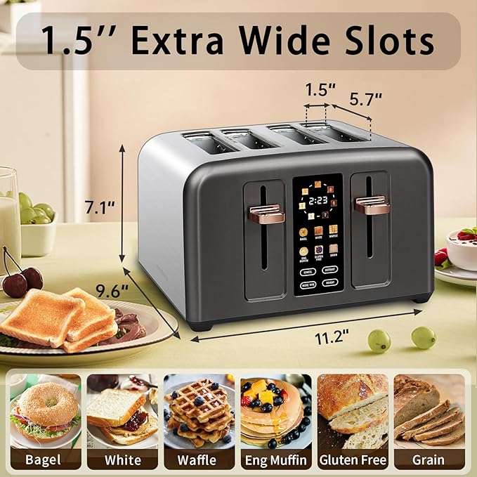 SEEDEEM Toaster 4 Slice, Stainless Toaster & Touch Control, LCD Display, 6 Bread Type, 7 Shade Settings, 1.5'' Wide Slots, Cancel/Defrost/Reheat, Removable Crumb Tray, 1800W, Dark Metallic