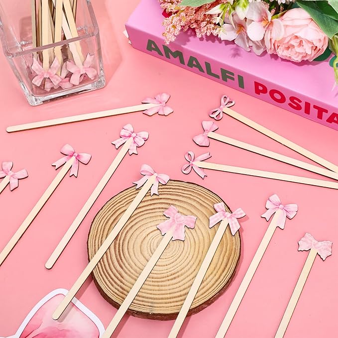JarThenaAMCS 120Pcs Pink Bow Coffee Stirrers Watercolor Multiple Bowknot Disposable Stir Sticks Wooden Drink Stirrers for Home Office Bar Restaurant Party Supplies