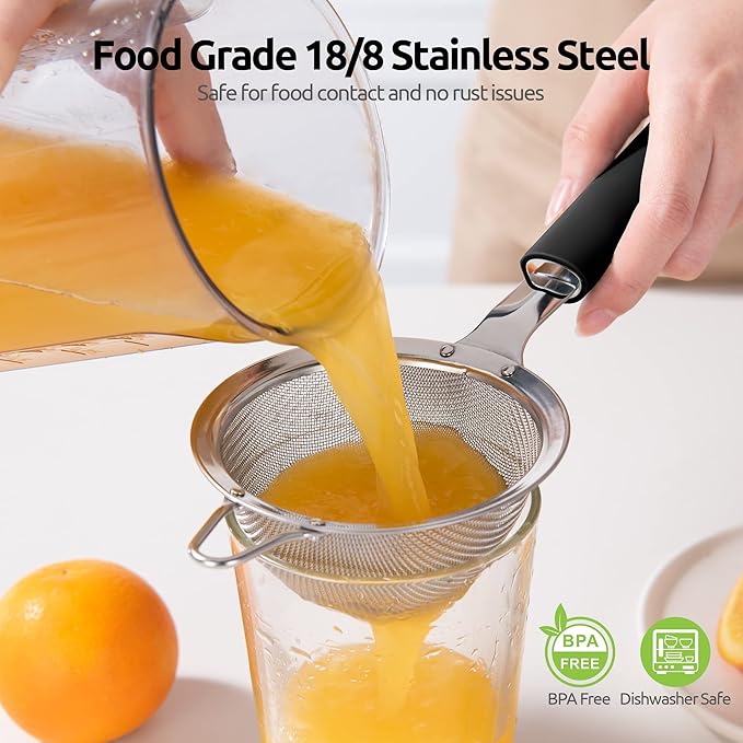 U-Taste 12 Piece Measuring Cups and Spoons Set in 18/8 Stainless Steel, and 18/8 Stainless Steel 3.9 inch 30 Mesh Strainer (Black)