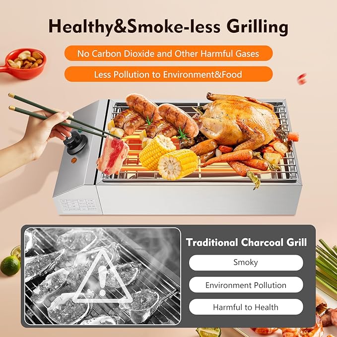 1800W Countertop Electric BBQ Grill Commercial and Home use Stainless Steel Barbecue Griddle Smokeless Portable Cooking Oven for Indoor Outdoor Picnic 122° F to 572°F for Burgers, Fish, Steak