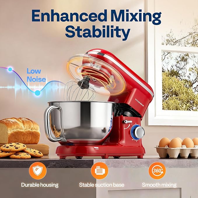 VIVOHOME Stand Mixer, 660W 10 Speed 6 Quart Tilt-Head Kitchen Electric Food Mixer with Beater, Dough Hook, Wire Whip and Egg Separator, Red
