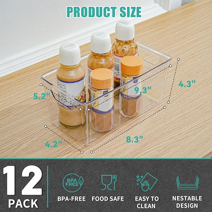 Clear Plastic Storage Bins, 12 Pack Acrylic Pantry Organizer and Storage Bins, Fridge Organizer, Small Plastic Containers Bins with Handles, CabinetOrganizer for Kitchen,Bathroom,Refrigerator,Shelves