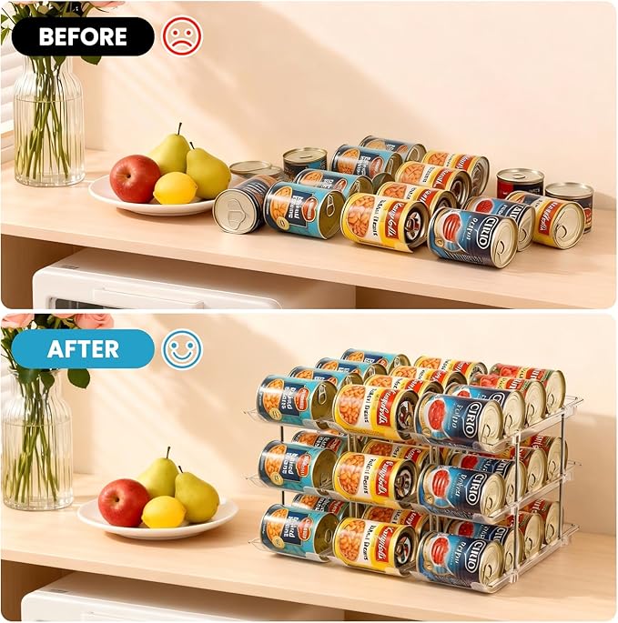 Can Organizer for Pantry, 2 Tier Canned Food Goods Storage Organizer, Clear Soda Can Organizer for Refrigerator Stackable Can Dispenser Rack Holders for Pantry Cabinet Fridge Countertop, Holds 24 Cans