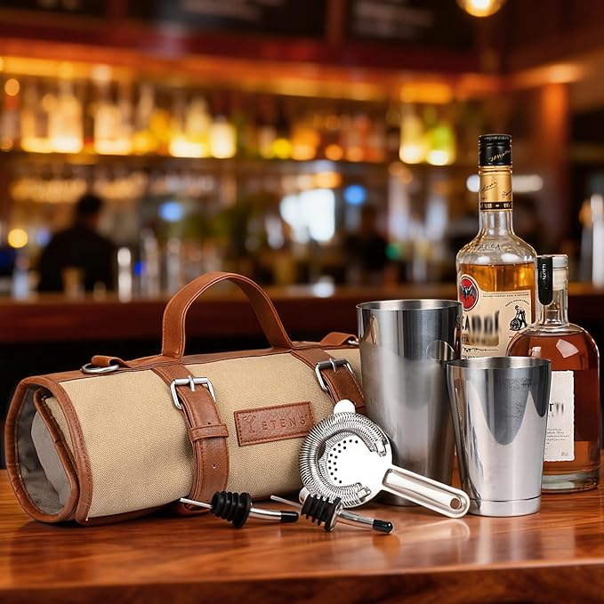 Etens Bartender Travel Kit with Waxed Bag | 22 Piece Bar Set in Roll | Portable Cocktail Tools for Home & Travelling Bartending – Professional Boston Shakers, Unbreakable Melon Squeezer, Accessories