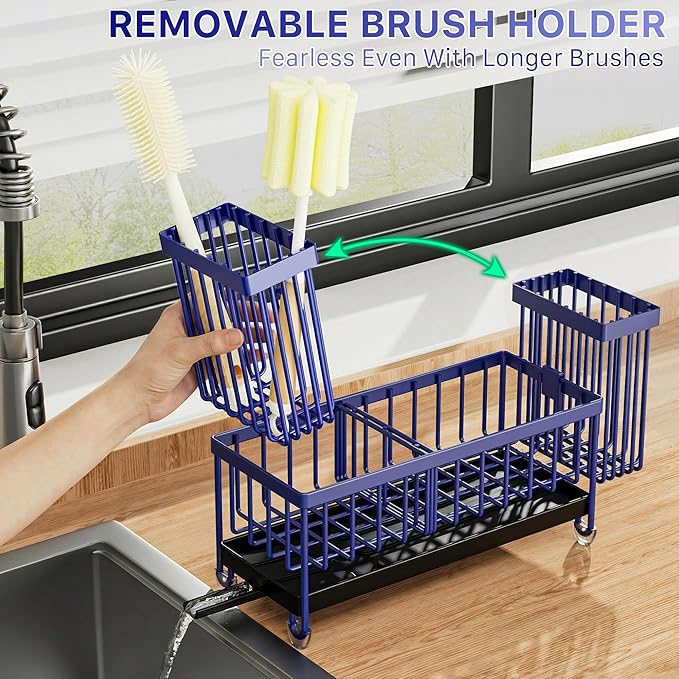 Cisily Sponge Holder for Kitchen Sink, Sink Caddy Organizer with High Brush Holder, Kitchen Countertop Organizers and Storage Essentials, Rustproof 304 Stainless Steel (Navy Blue, 9.25″)