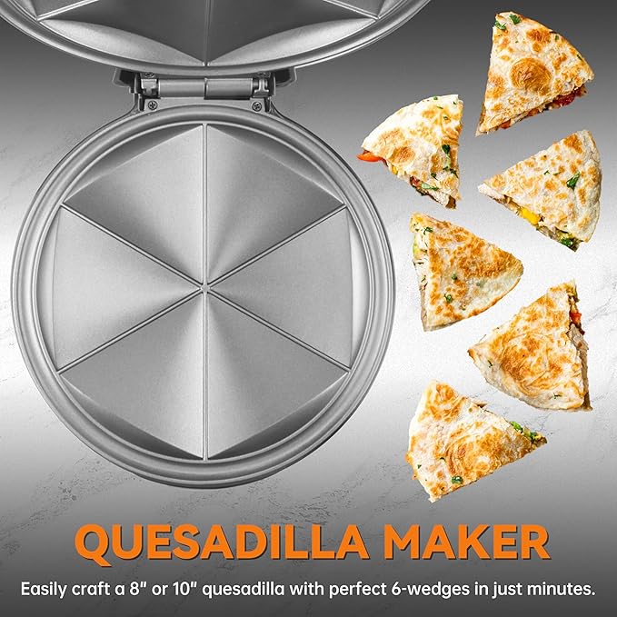 Baker's Friend Electric Quesadilla Maker with Extra Stuffing Design, 9.5 Inch with Easy Slice 6 Wedge, Non Stick Surface, Non-Slip Feet, Grilled Cheese Maker Machine, Graphite Black