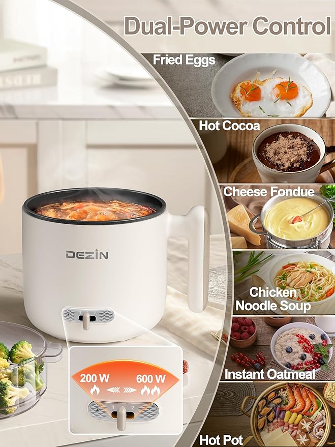 Dezin Electric Pot with Steamer, 1.8L Dual Power Ramen Cooker, Portable Non-Stick Hot Pot Electric for Soup, Pasta, Egg, Oatmeal, Overheat & Boil-Dry Protection, Ideal for Dorm, Office(Beige)