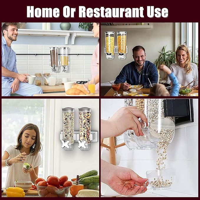 2 Pack Cereal Dispensers, Wall Mounted Food Dispenser Large Capacity Candy Dispenser, Double Dry Food Dispensers Wall Mount, Grain Dispenser for Kitchen Storage Oatmeal Snack Coffee Beans Candy, Black