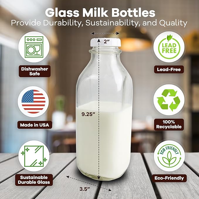 The Dairy Shoppe Heavy Glass Milk Bottles - Jugs with Lids and Silicone Pour Spouts - Clear Milk Containers for Fridge - Reusable Glass Milk Jug Dispenser - Made in USA (33.8 oz, 4 Pack)