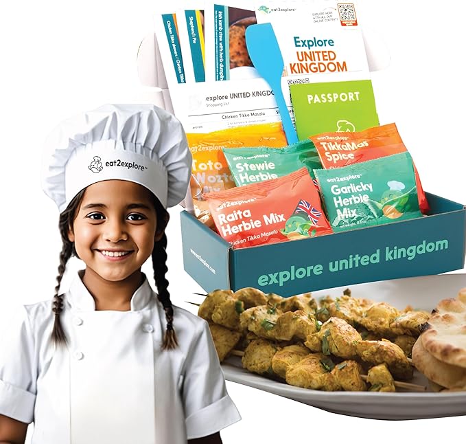 eat2explore Cooking Kits for Kids 14 Pcs – Interactive & Educational Kids Cooking Sets Real for Ages 5 and Up,3 Recipe Cards & Global Ingredients – Perfect for Families and Homeschooling (UK Edition)