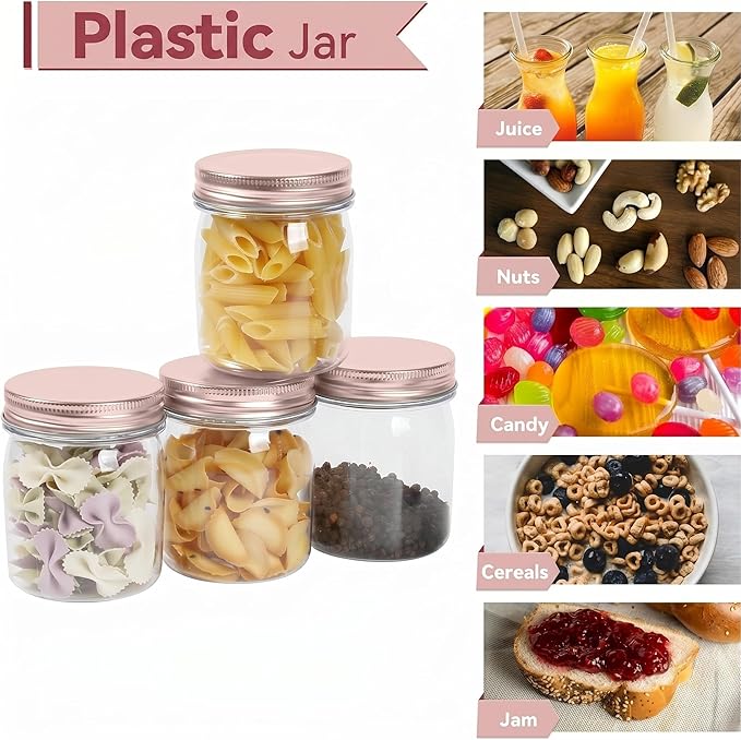 novelinks 8 oz Clear Plastic Jars with Airtight Lids, 8 Pack Plastic Mason Jars with Lids 8oz, Refillable Storage Slime Containers & Small Spice Jar for Kitchen Organization (8 Pack,Rose Gold)