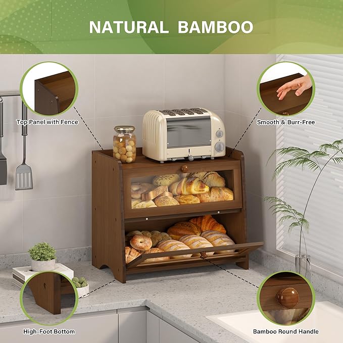 JANSNIMEN Double Layer Bread Box for Kitchen Countertop, Large Breadbox Bread Container Storage with Acrylic Door, Wooden Farmhouse Bread Holder (Brown, Medim-15.7" L x 9.5" W x 13" H)