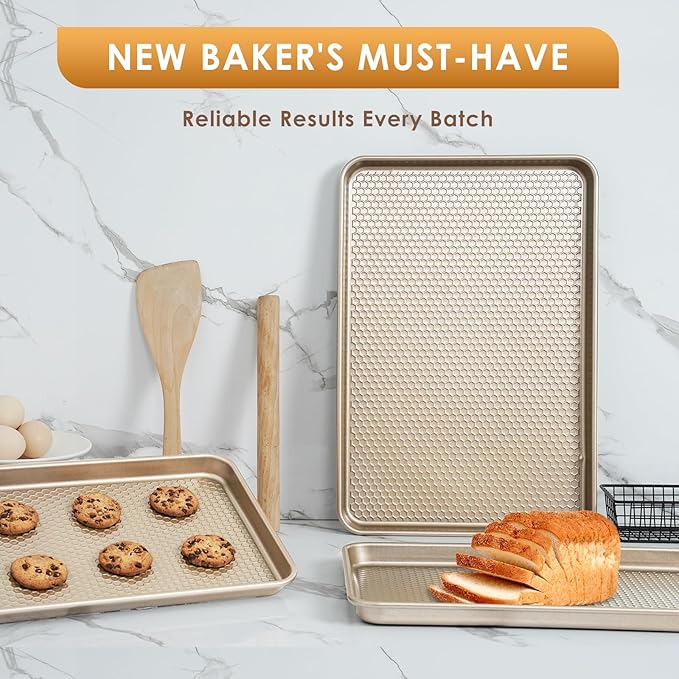 Baking Sheet Pan Set of 3, Nonstick Carbon Steel Cookie Sheets with Texture, Commercial Half/Quarter/Jelly Roll Pans Replacement Toaster Oven Tray, Heavy Duty & Easy Clean, Champagne Gold