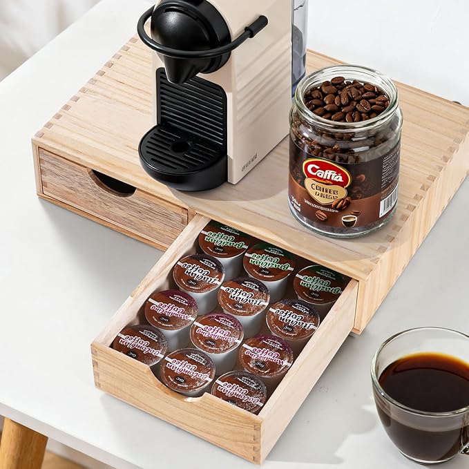 Wooden K Cup Organizer Coffee Pod Storage Box, Coffee Pod and Tea Bag Holder,Kcup Drawer Coffee Maker Stand,Home Kitchen Counter Holds Up to 30 Pods Capacity (2 Drawer) (Natural Wood Color)