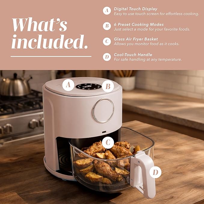 COOK WITH COLOR Colorful 1200W 4Qt Air Fryer: Glass Basket, Dishwasher Safe, 60min Timer, 6 Presets, Temp Control 175F-400F, 4 QT, Dusty Rose