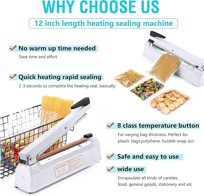 METRONIC Impulse Sealer 12 Inch, Heat Sealer Machine with Repair Kit, Manual Bag Sealer, Heavy Duty Impulse Heat Sealer for Plastic Bags, Shrink Wrap Bags (White)