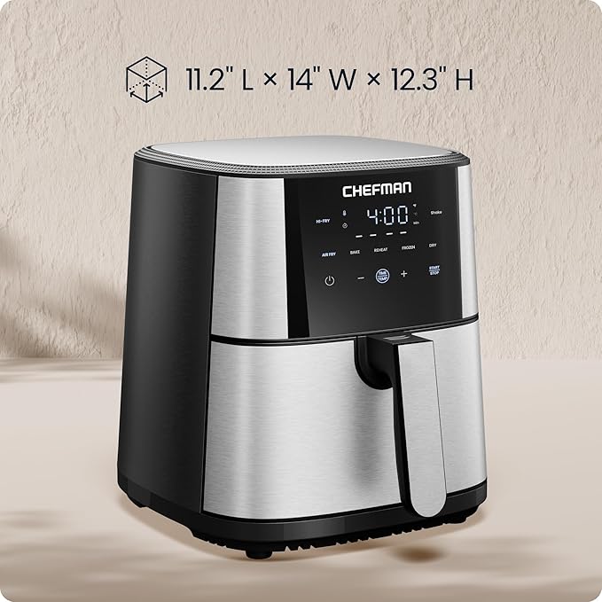 Chefman Air Fryer 6 Qt | TurboFry® 5-in-1 with 450°F Hi-Fry Option for Crispier Results | Bake, Dehydrate, Frozen | XL Nonstick Dishwasher-Safe Basket | Stainless Steel