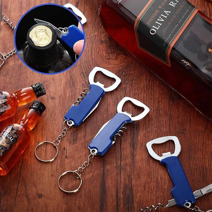 Ziliny 24 Pcs Bottle Opener Keychain Bulk Wine Bottle Beer Opener Keychain 3.27" Stainless Steel Corkscrew Waiter Corkscrew Wine Keyring Gifts for Christmas Bar Party Wedding Home (Blue)