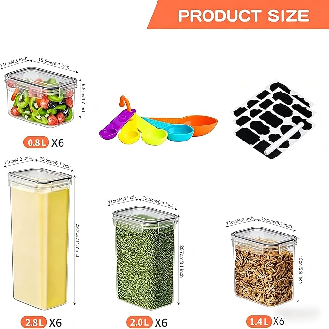 24 Pack Airtight Food Storage Containers with Lids, Plastic Kitchen and Organization Canisters for Cereal, Flour and Sugar, BPA Free, Includes Spoons, Labels and a Pen