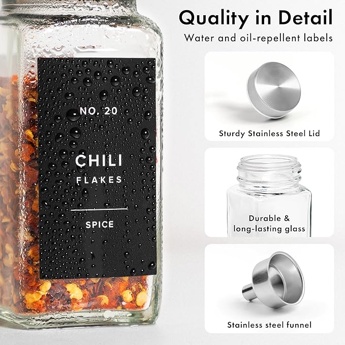 EDELHAUS Glass Spice Jars with Labels and Steel Lids (24 x 4oz) Spice Containers with 240 Label, Steel Funnel, Shaker Inserts, Empty Square Seasoning Organizer for Spice Rack, Cabinet, Drawer