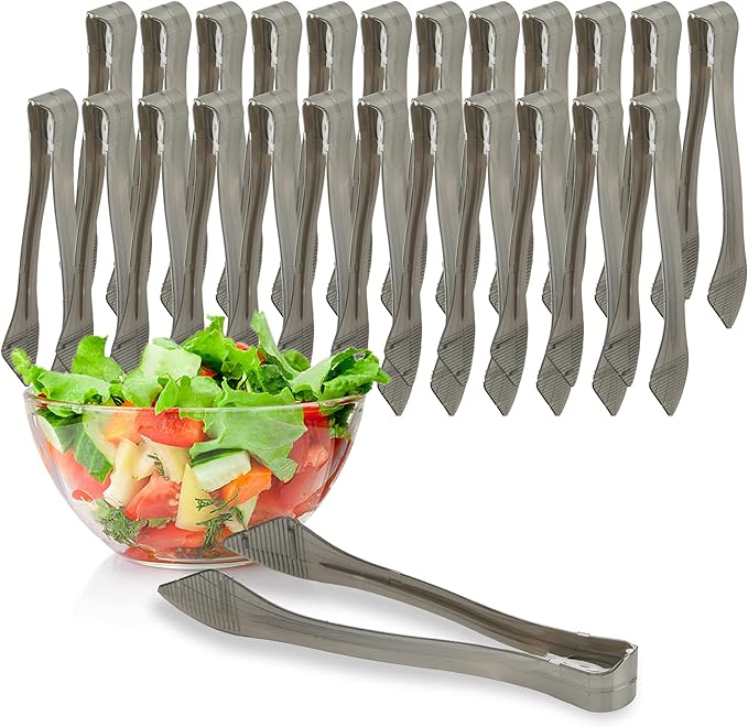 PARTY BARGAINS 8.5 Inches Plastic Serving Tongs, 24 Pack, Premium Quality & Heavy-Duty Silver Plastic Tongs for BBQ, Salads, Grilling, Buffets, & Kitchen