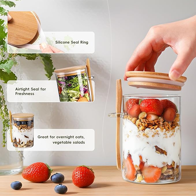 MHDCLY Overnight Oats Containers with Lids,16oz Overnight Oats Jars 4 Pack, Oatmeal Cups,Meal Prep Containers,Glass Meal Prep Containers with Lids,China Pudding Jars