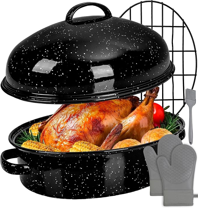 Roasting Pan with Lid & Rack 18 Inch Extra Large Deep Oven Baking Pot, Enamel Granite Non-Stick Oval Carbon Steel Pot for Turkey Chicken Ham Steak Non-Toxic for Mother Day Gift Roaster Pan